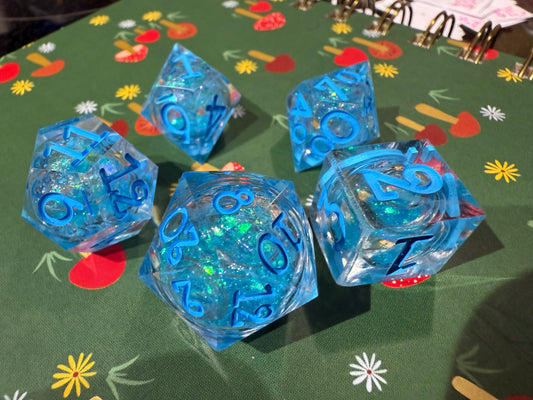 Blue Glitter liquid core 5pc Dice Set