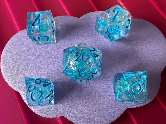 Blue Glitter liquid core 5pc Dice Set
