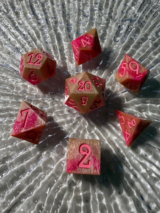 Gold and Pink Shimmer 7pc Handmade Dice Set