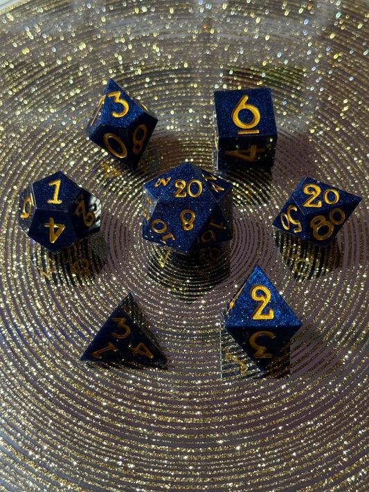 Blue and Gold 7pc Dice Set