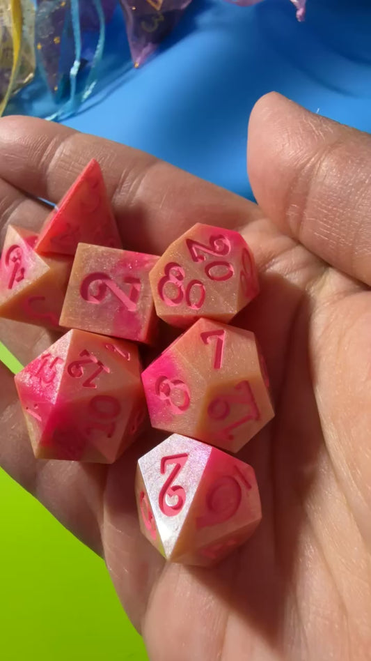 Gold and Pink Shimmer 7pc Handmade Dice Set