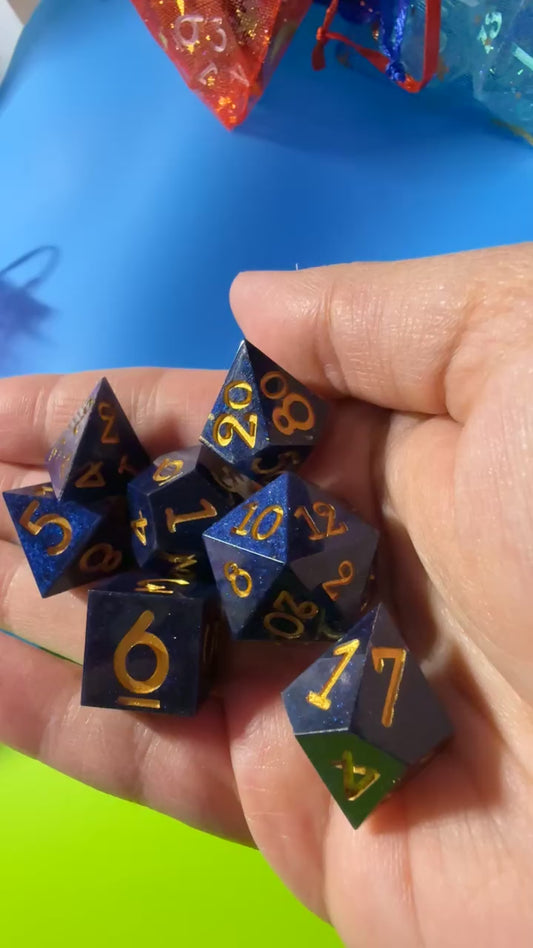 Blue and Gold 7pc Dice Set